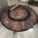 Dark Burl Natural Wood Veneer Round Dining Table with Quilted Base